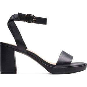 Clarks Womens Black Leather Open Rounded Toe Ankle Buckle Heeled Sandal